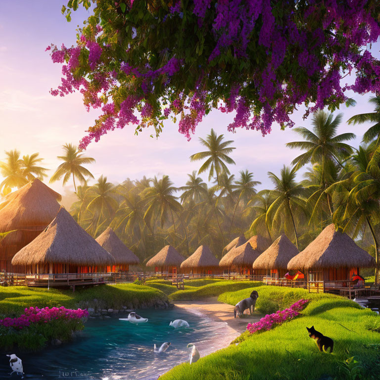 Tropical resort with thatched huts, palm trees, purple flowers, swans, and a