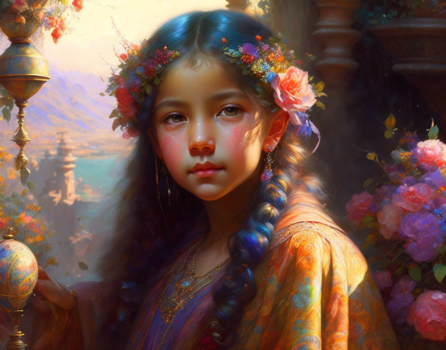 Young girl in traditional attire with floral wreath in dreamy setting