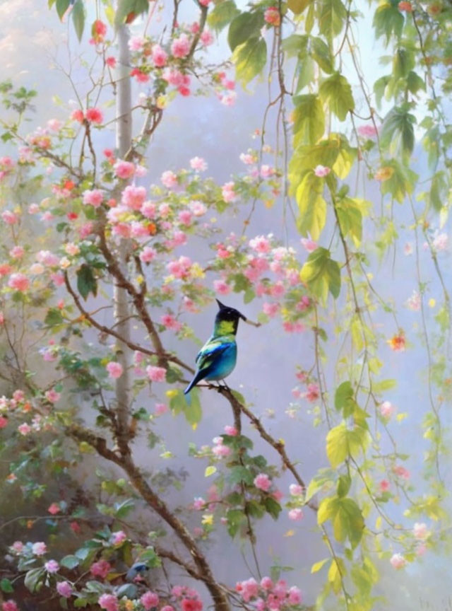 Bluebird on Branch Among Pink Blossoms and Foliage in Serene Setting