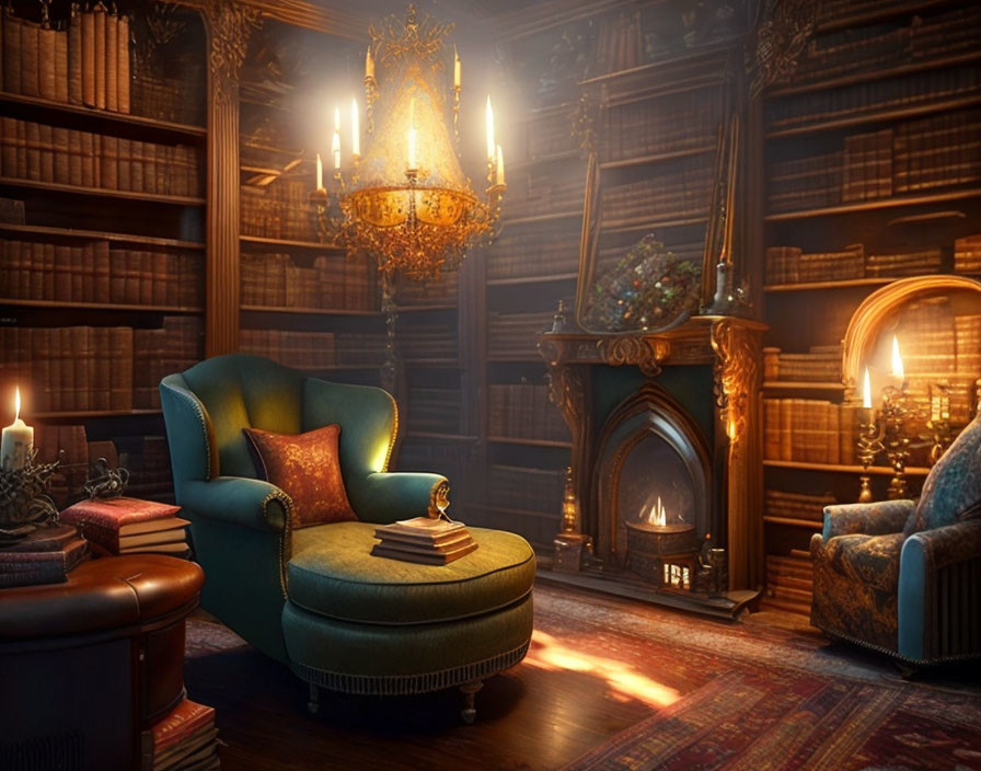 Luxurious Study with Armchair, Fireplace, Bookshelves, and Chandelier