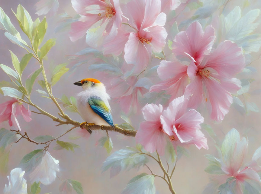 Colorful Bird Perched on Branch with Pink Blossoms in Soft Background