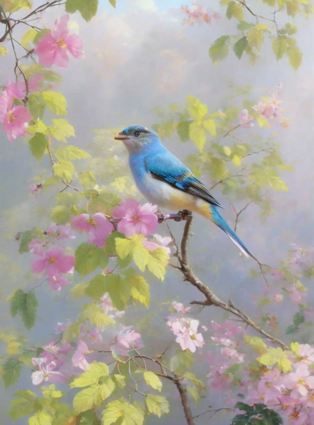 Vibrant blue bird on branch with pink blossoms in misty background