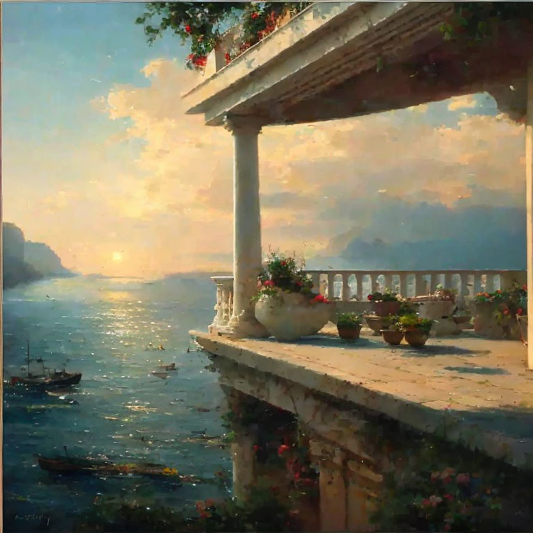 Tranquil seascape painting with balcony, flowers, sea, boats, and soft sky.