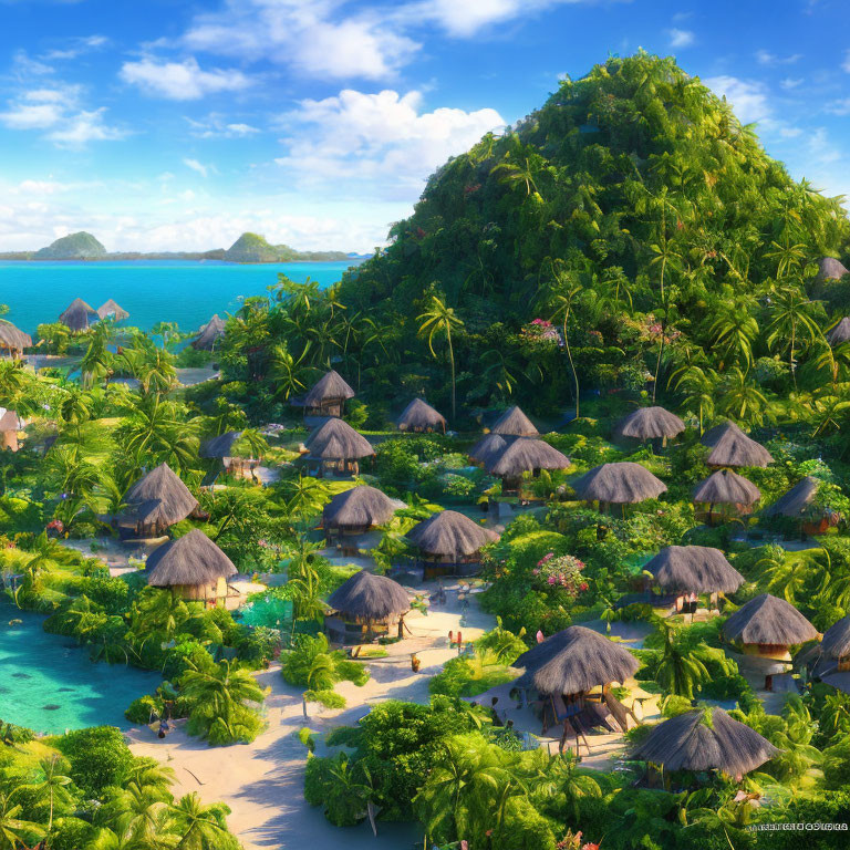 Tropical Island Paradise with Thatched Huts & Clear Blue Waters