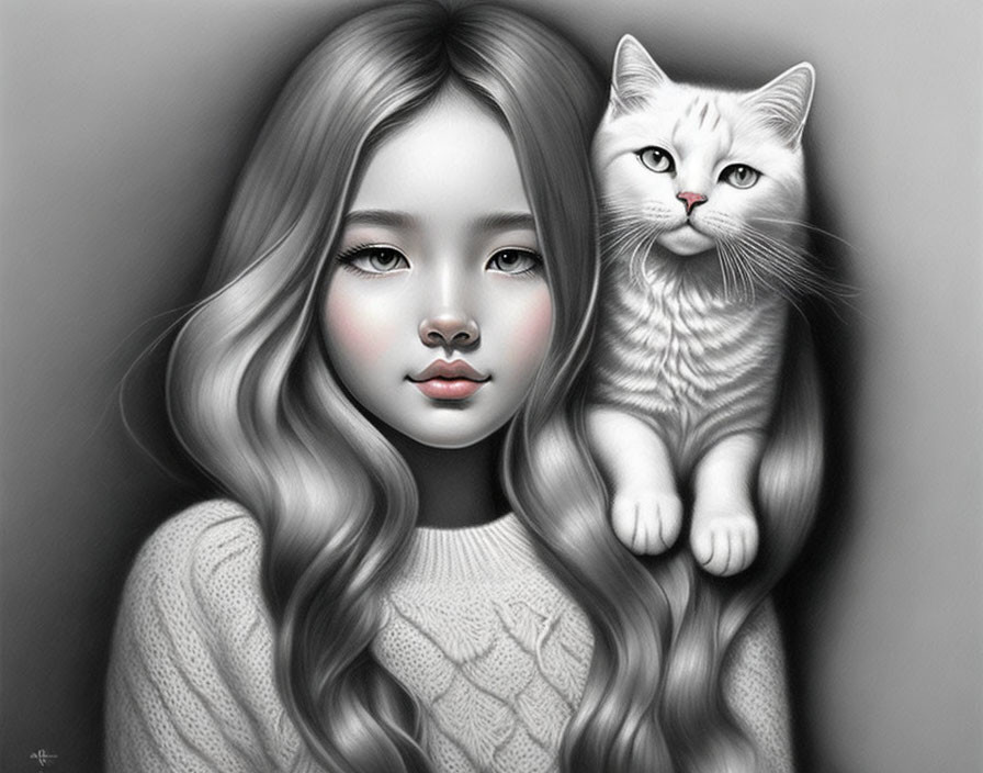 Monochrome illustration of girl with long wavy hair holding striped cat