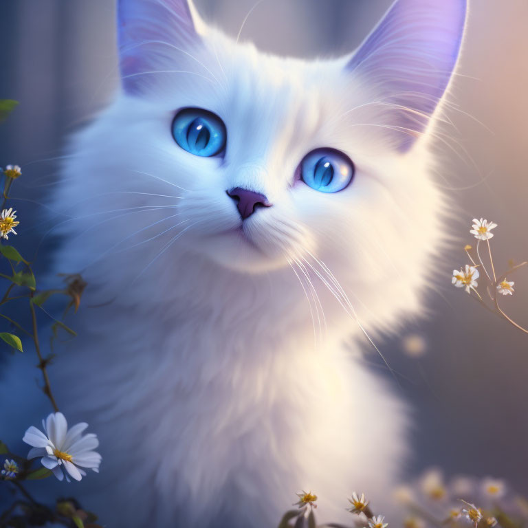 Fluffy White Cat with Blue Eyes Among White Flowers