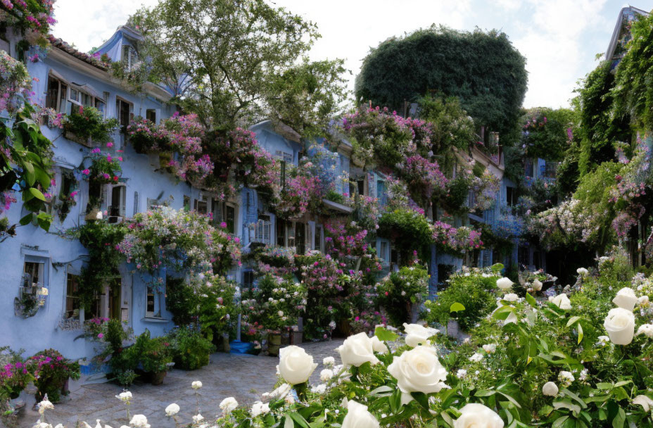 Charming cobblestone street with blue houses and flower-filled balconies