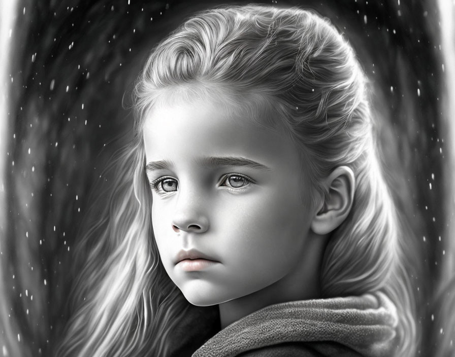 Young girl portrait with long wavy hair in monochrome against starry background
