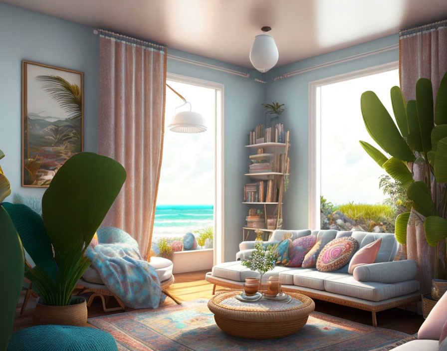 Beachfront living room with light blue walls, plush sofa, tropical plants, and ocean view through