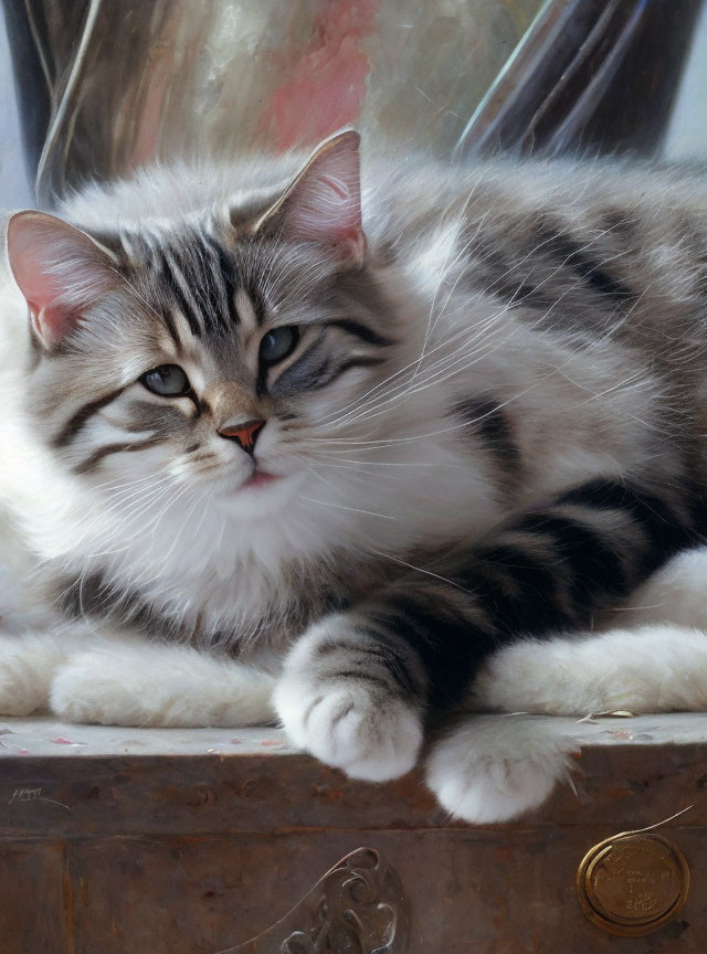 Gray and White Tabby Cat with Unique Fur Patterns Relaxing on Ornate Furniture