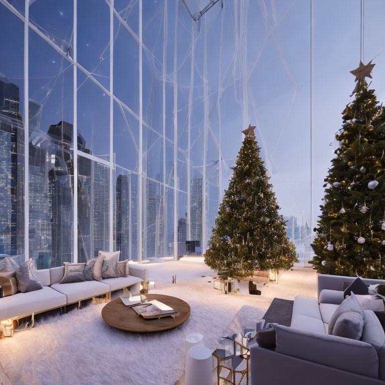 Elegant Christmas-themed interior with city skyline view