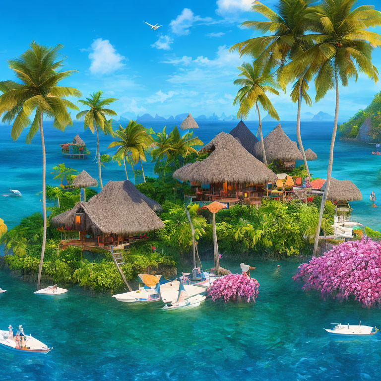 Tropical Beach Resort with Thatched Huts and Sailboats