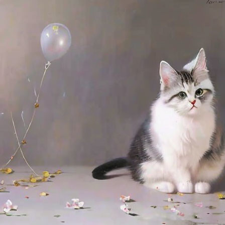Fluffy white and grey cat with balloon and flowers on ground