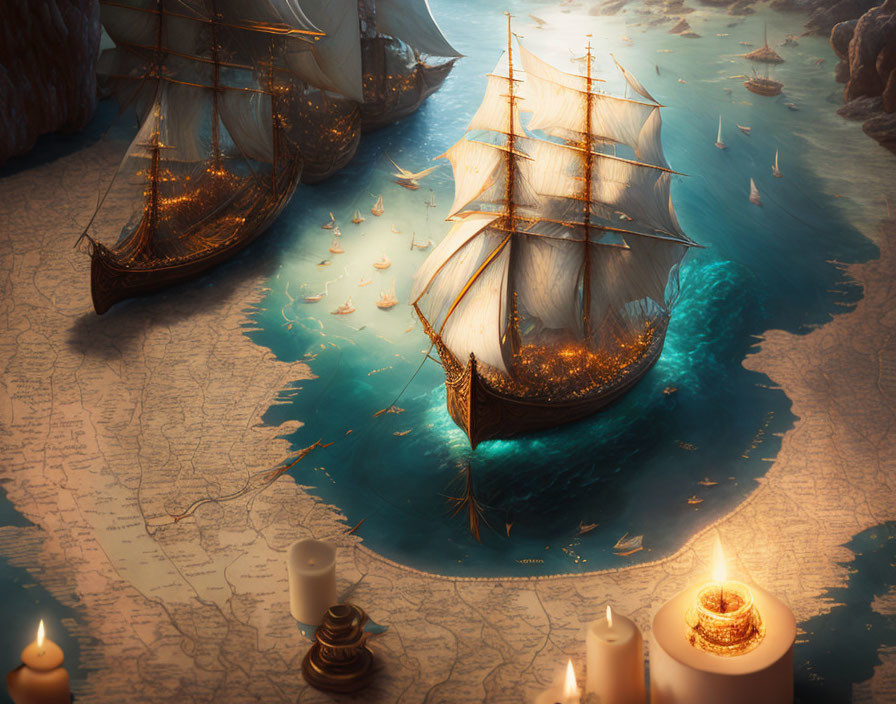 Historical map with sailing ships, candles, and quill evokes exploration era
