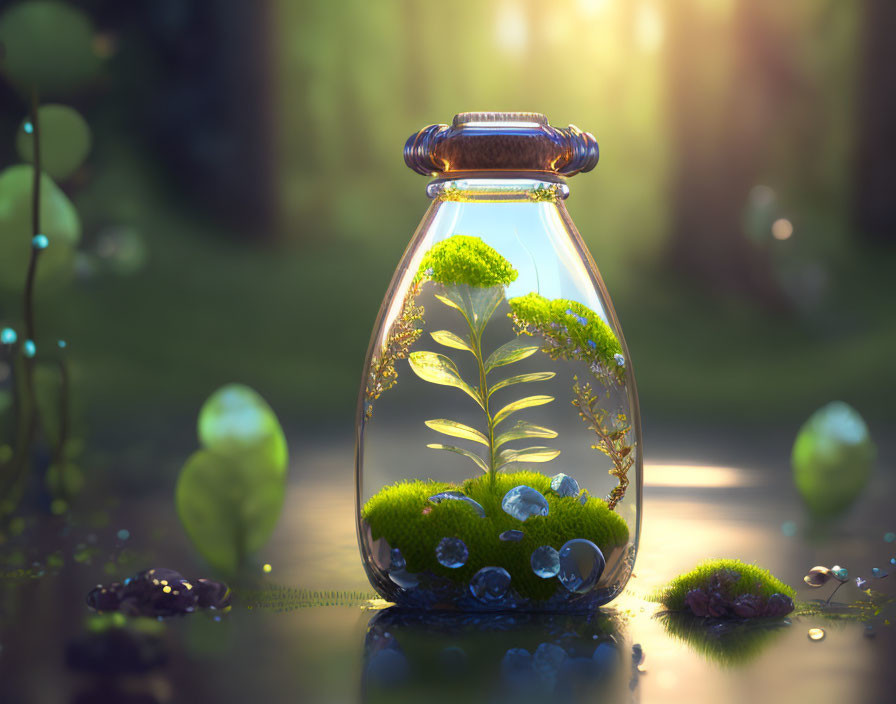 Glass terrarium with green plants in sunlit forest setting
