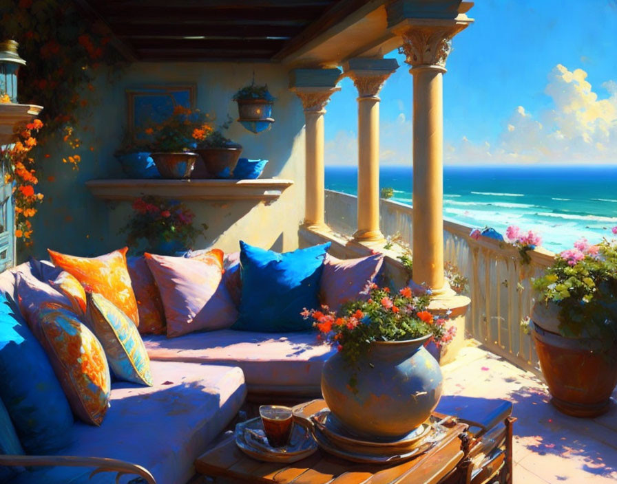 Seaside balcony with plush sofas, colorful cushions, coffee table, and blooming flowers by tranquil ocean