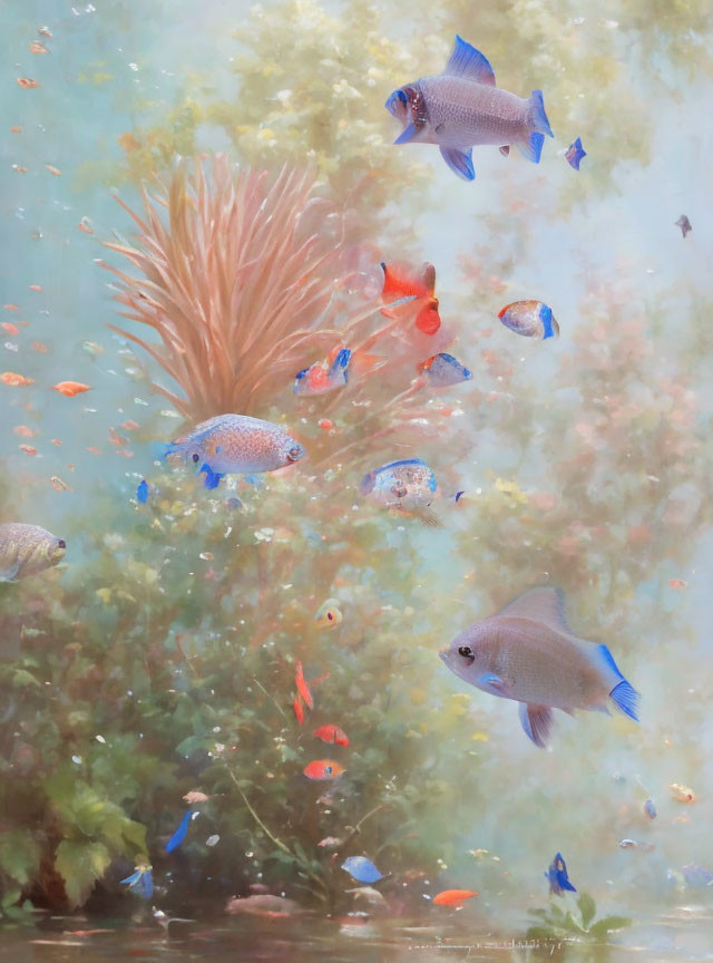 Colorful fish swimming around coral in serene underwater scene