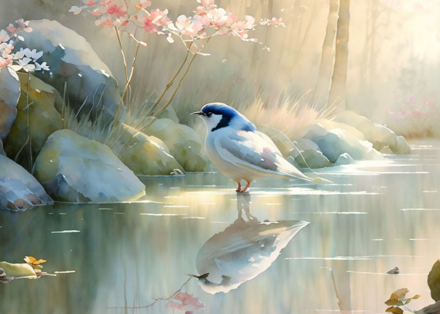 Tranquil painting of blue and white bird in serene nature