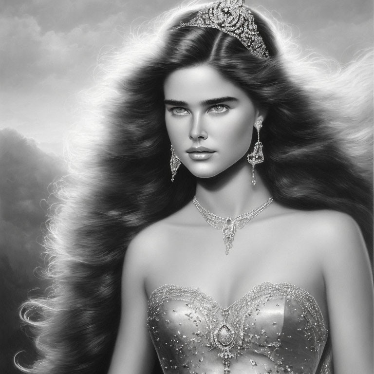 Monochrome image of woman with voluminous hair and regal crown.