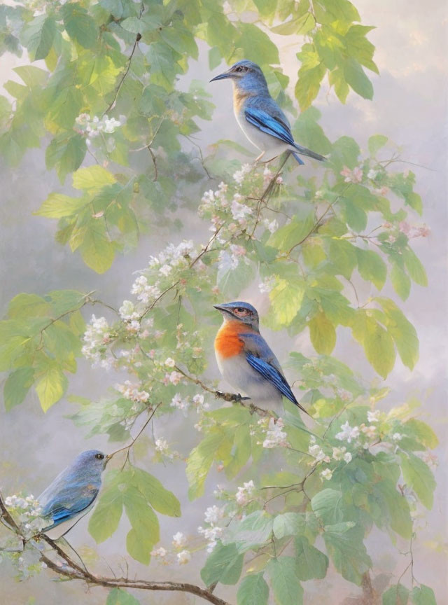Three bluebirds on flowering branches with green leaves in misty background