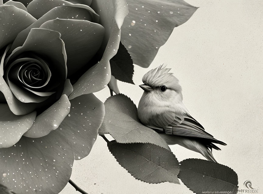 Monochrome image: Small bird with crest on rose stem