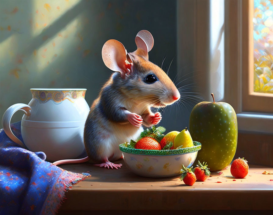 little cute mouse with a fruite bowl