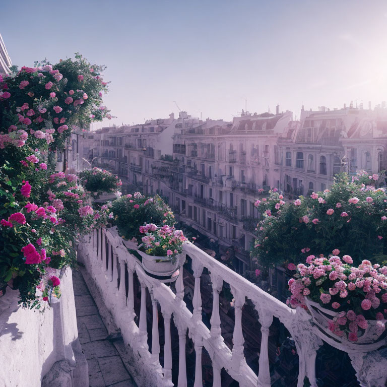 Balcony with Pink Flowers Overlooking European Street in Morning Light
