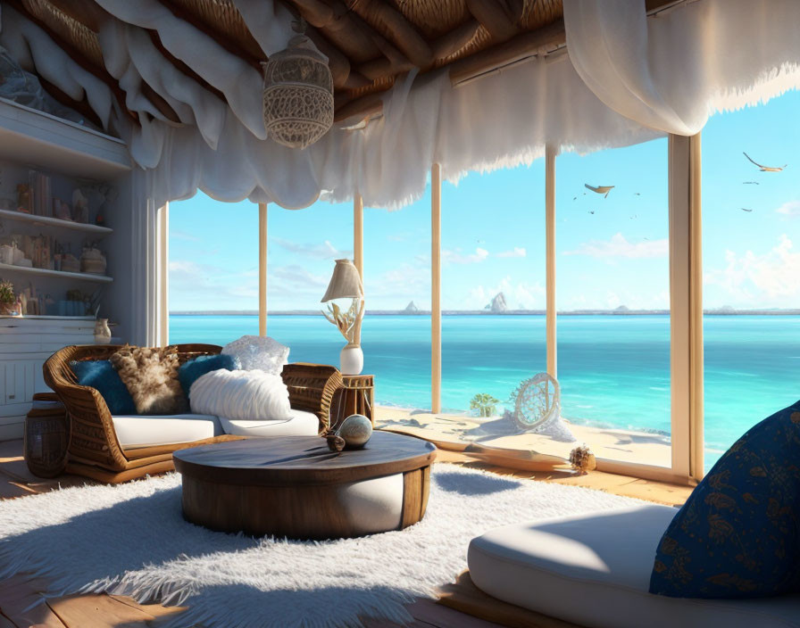 Beachfront room with wicker furniture and ocean view