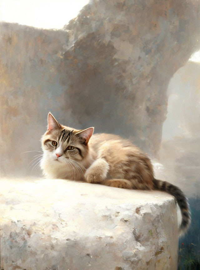 Brown and white tabby cat relaxing on stone ledge with attentive gaze