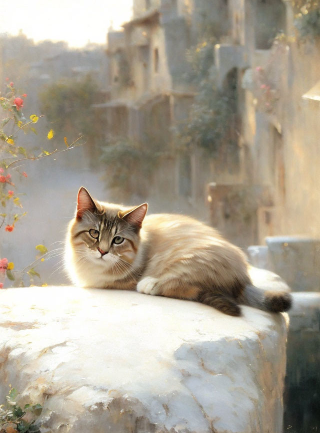 Fluffy cat resting on sunlit stone ledge with warm-toned background