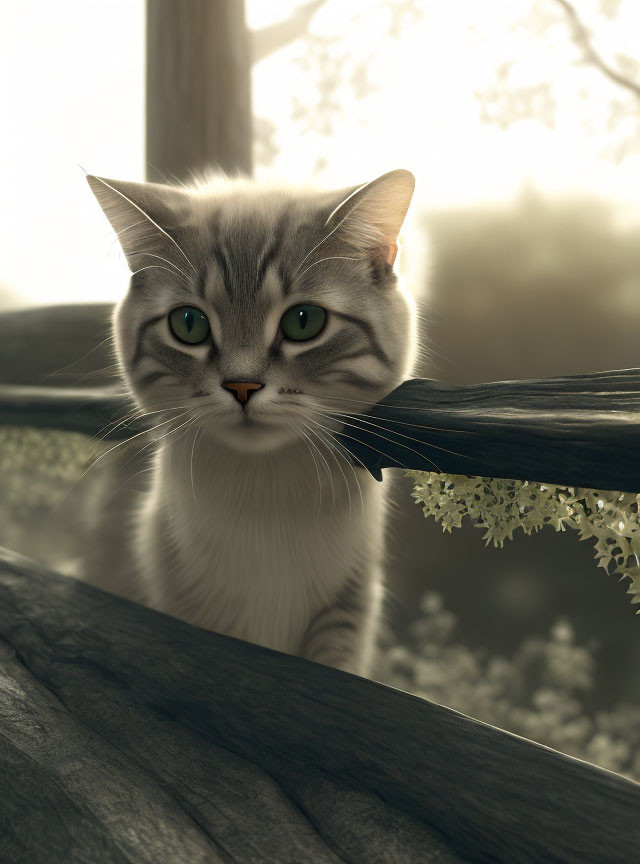 Gray Tabby Cat Resting on Wooden Fence with Green Eyes and White Flowers