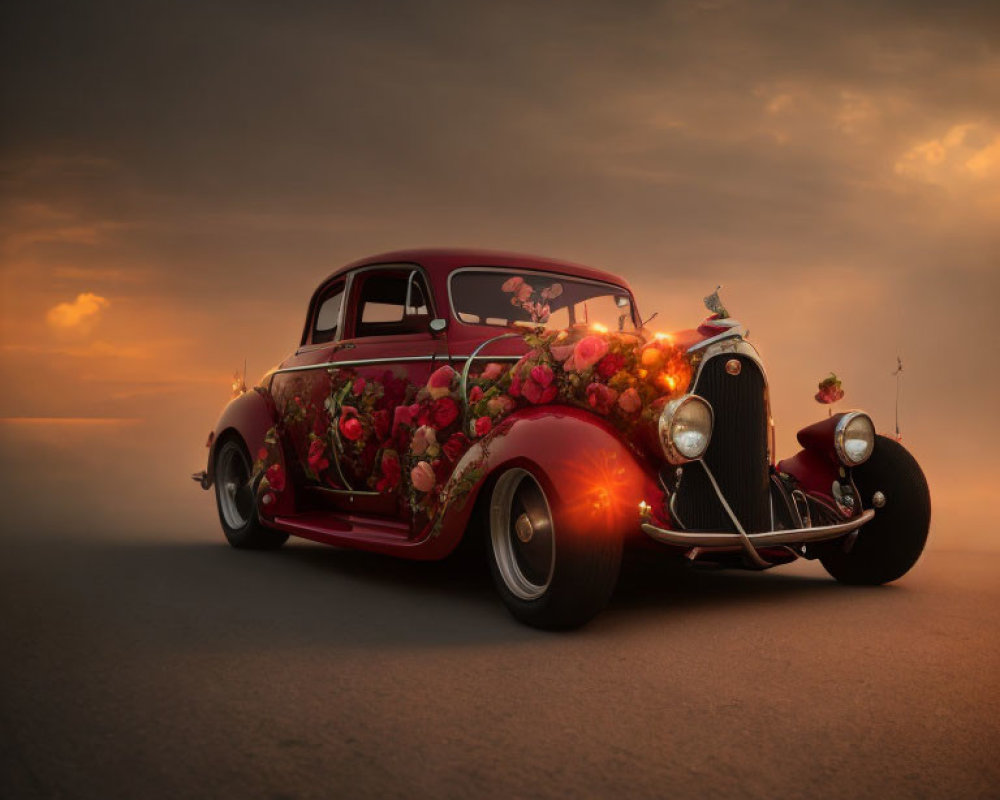 Vintage red car with floral decorations on road at dusk