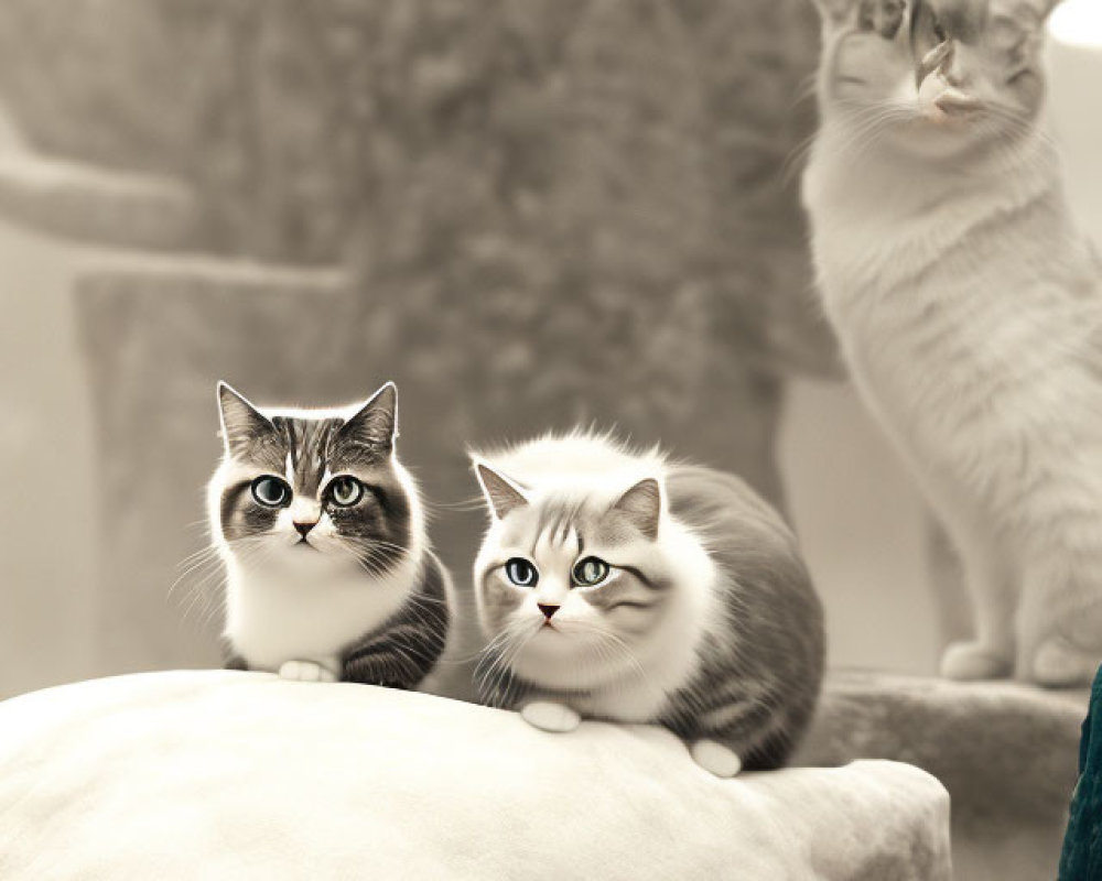 Three cats with striking markings on stony structures, two in foreground, one blurred in background