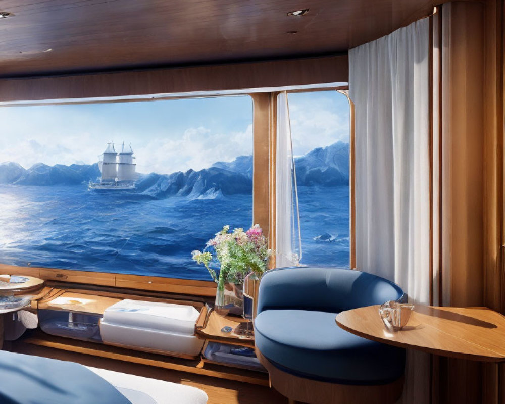 Luxurious Boat Interior with Ocean View and Sailboat in Distance