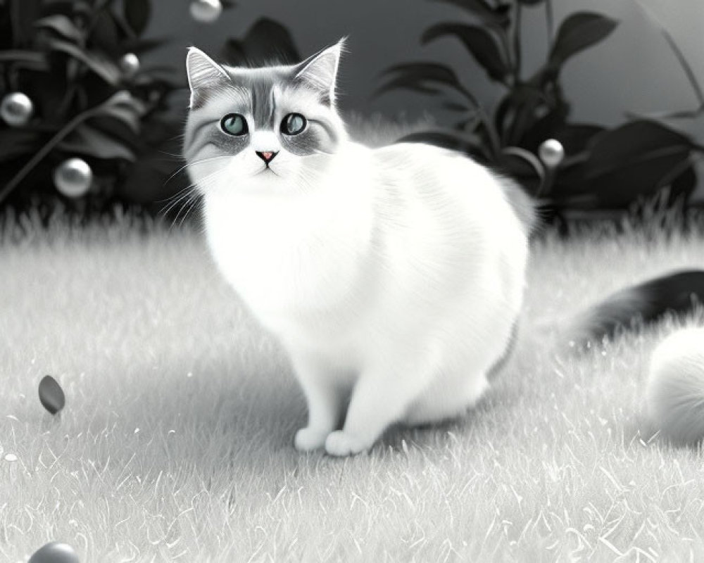 Fluffy cat with unique eyes in monochrome nature scene