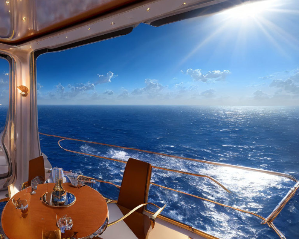 Luxury Yacht Interior with Table Set for Two and Panoramic Ocean View