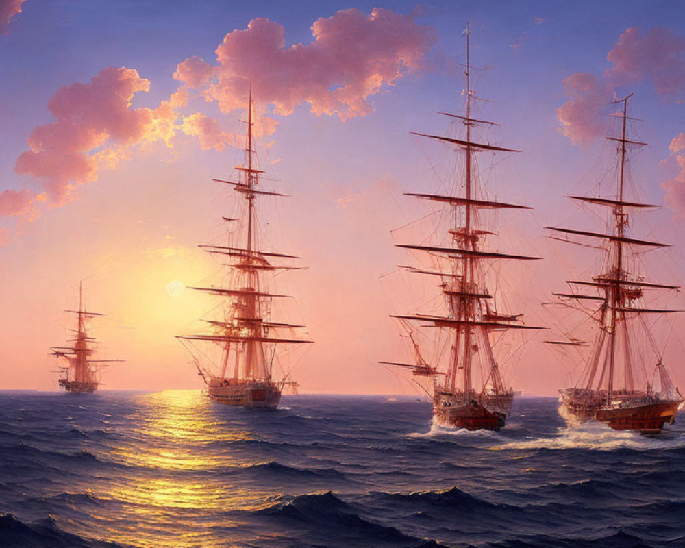 Sailing ships with billowing sails on the open sea at sunset