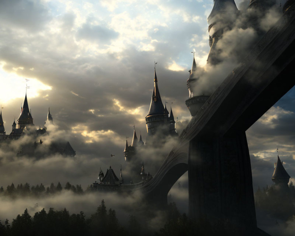 Mystical castle with soaring towers shrouded in fog at dusk