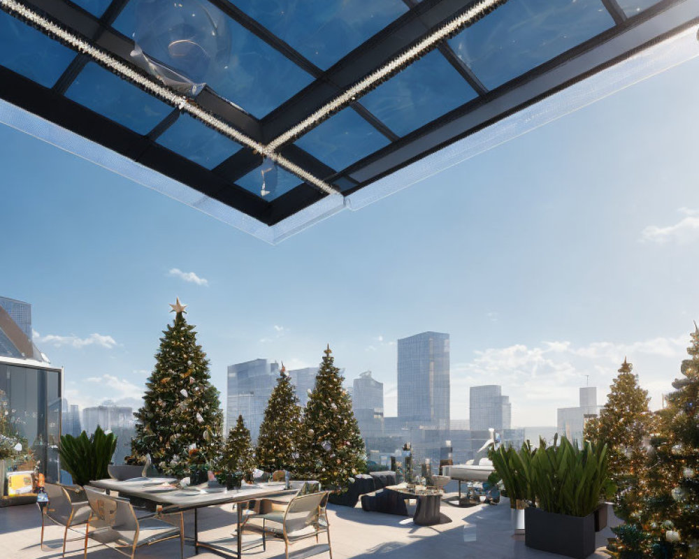 City Rooftop Patio with Christmas Trees and Glass Ceiling overlooking Skyline