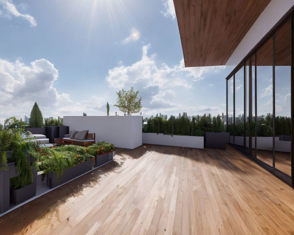 Contemporary terrace with wooden flooring and glass windows