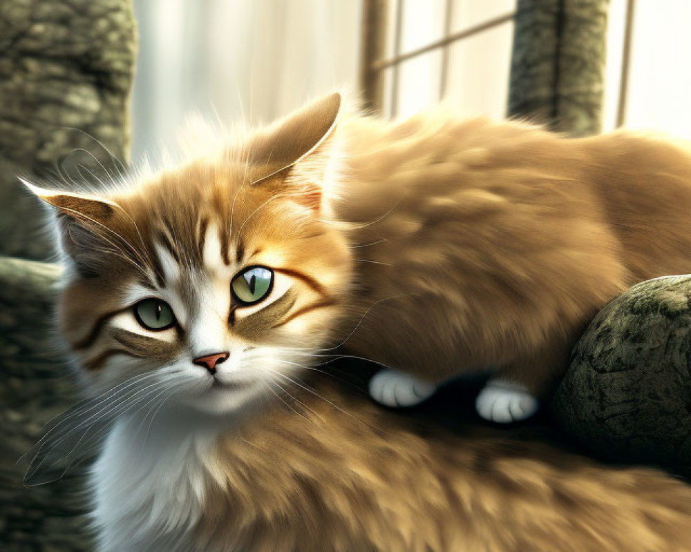 Fluffy orange and white cat with green eyes basking in sunlight by window.