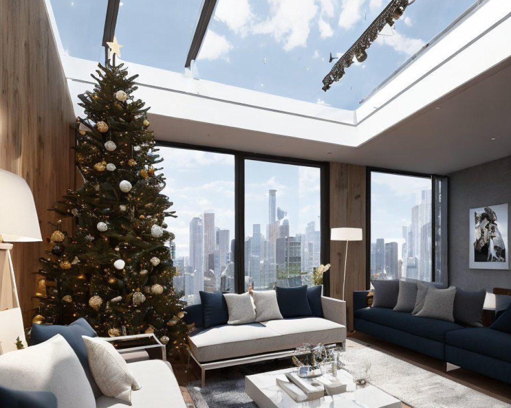 Spacious Christmas-themed living room with city view, tree, plush sofas, and wooden decor