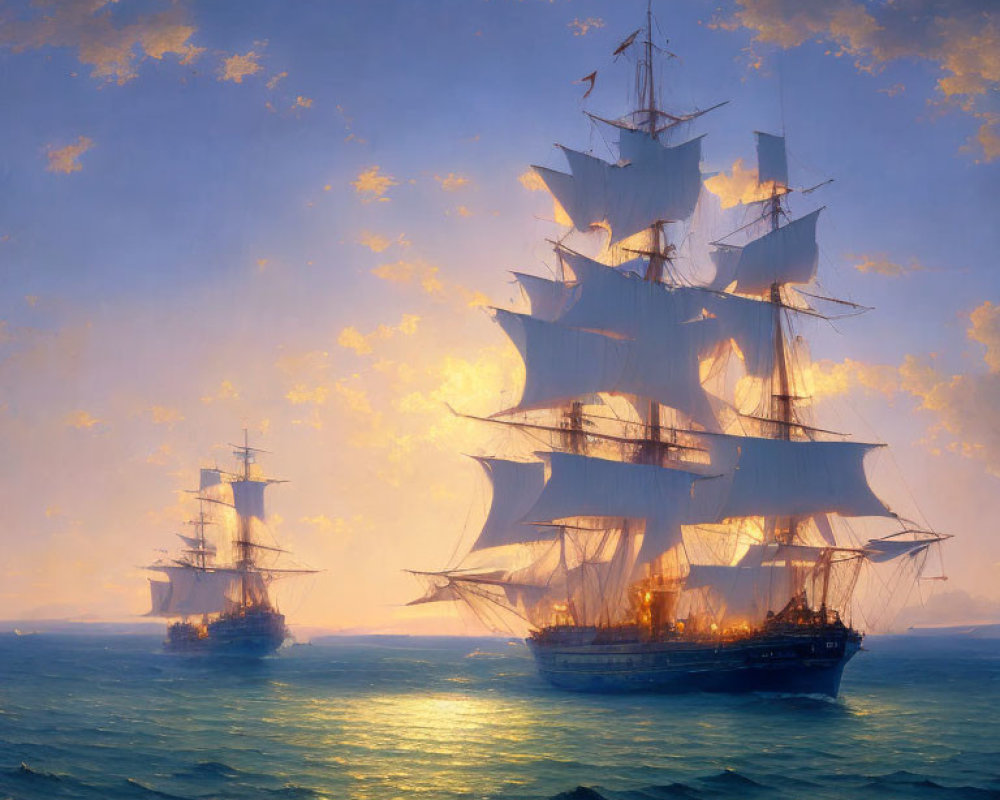 Majestic sailing ships with unfurled sails on calm seas at sunset