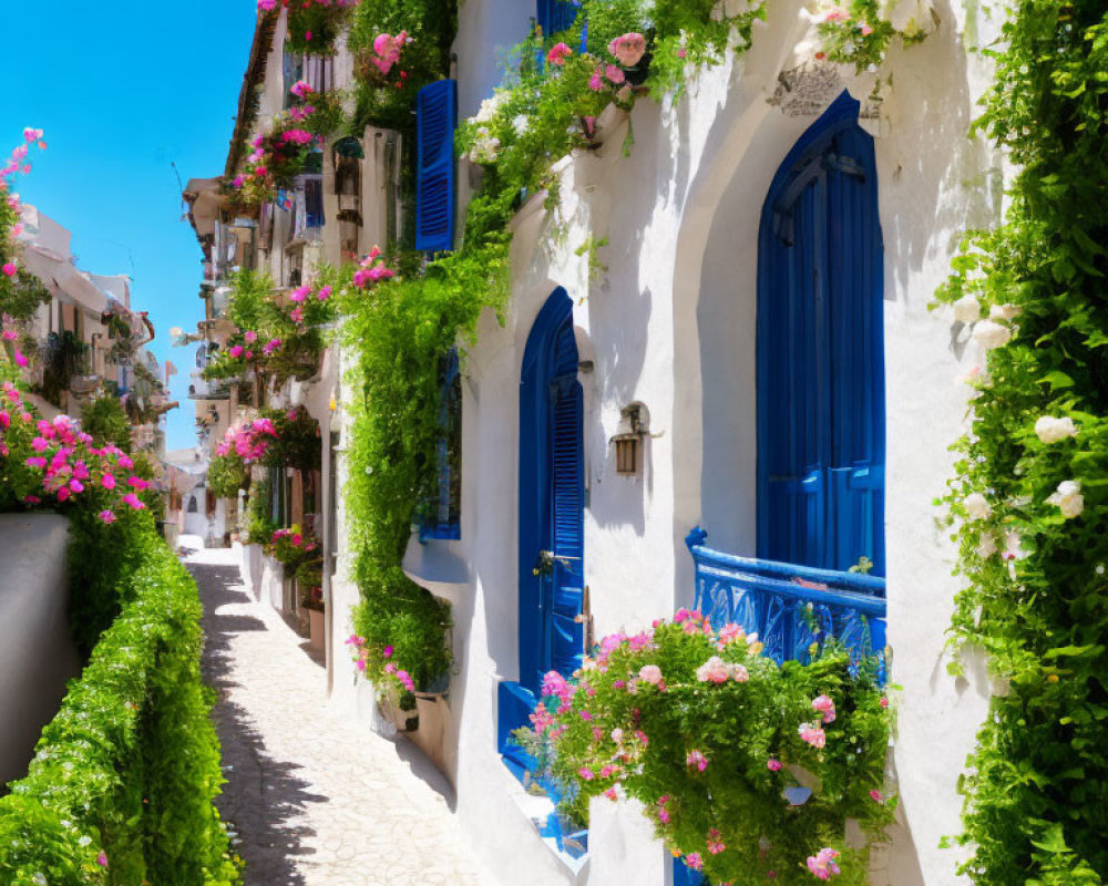 Scenic street with white buildings, blue doors, pink flowers
