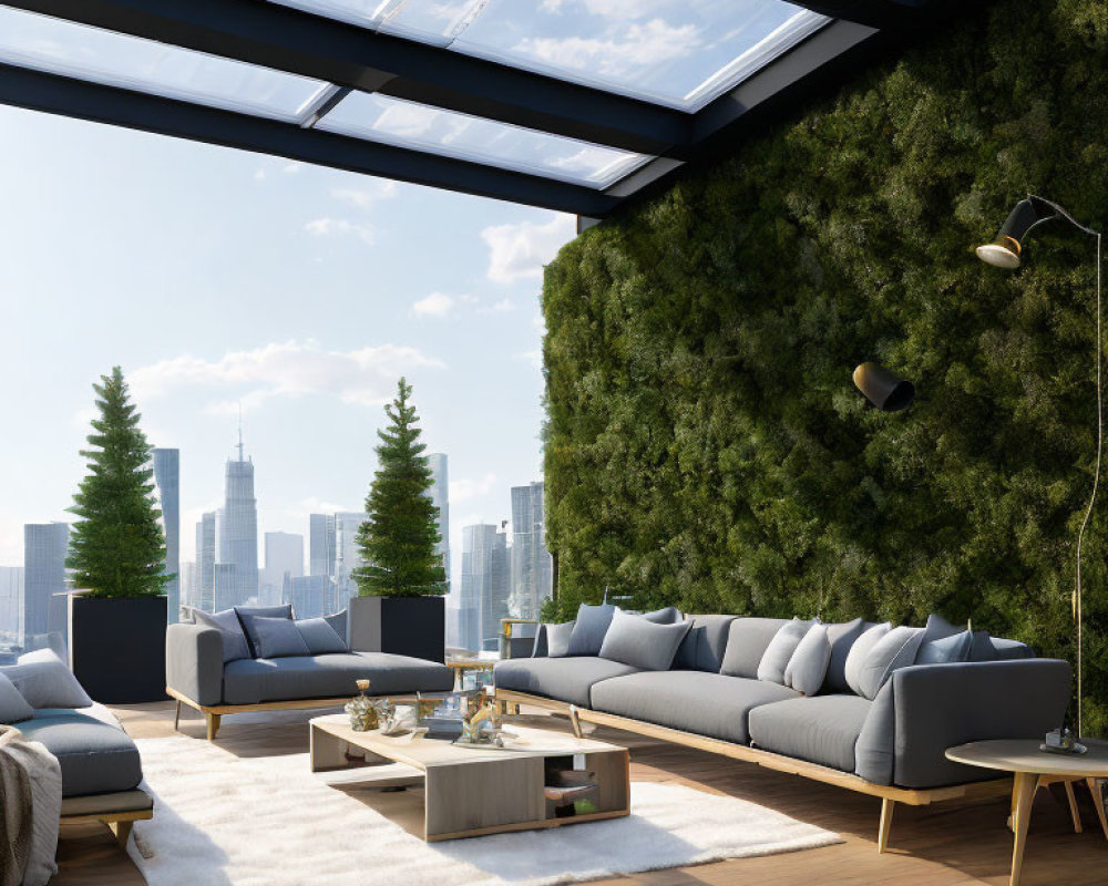 Stylish rooftop patio with moss wall, plush sofas, and city skyline view.