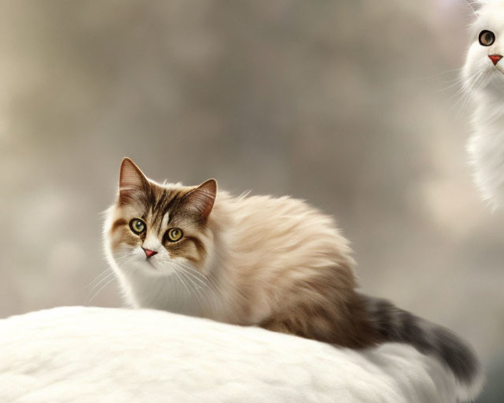 Two Fluffy Cats on Soft White Surface with Bokeh Effect