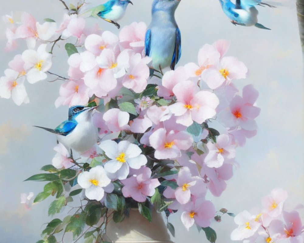 Four vibrant bluebirds with pink and white blossoms in a vase against a cloudy sky