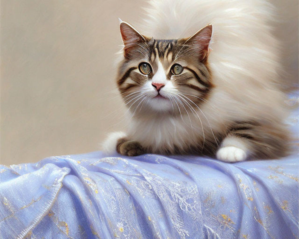 Fluffy Brown and White Cat with Striking Eyes on Blue Fabric