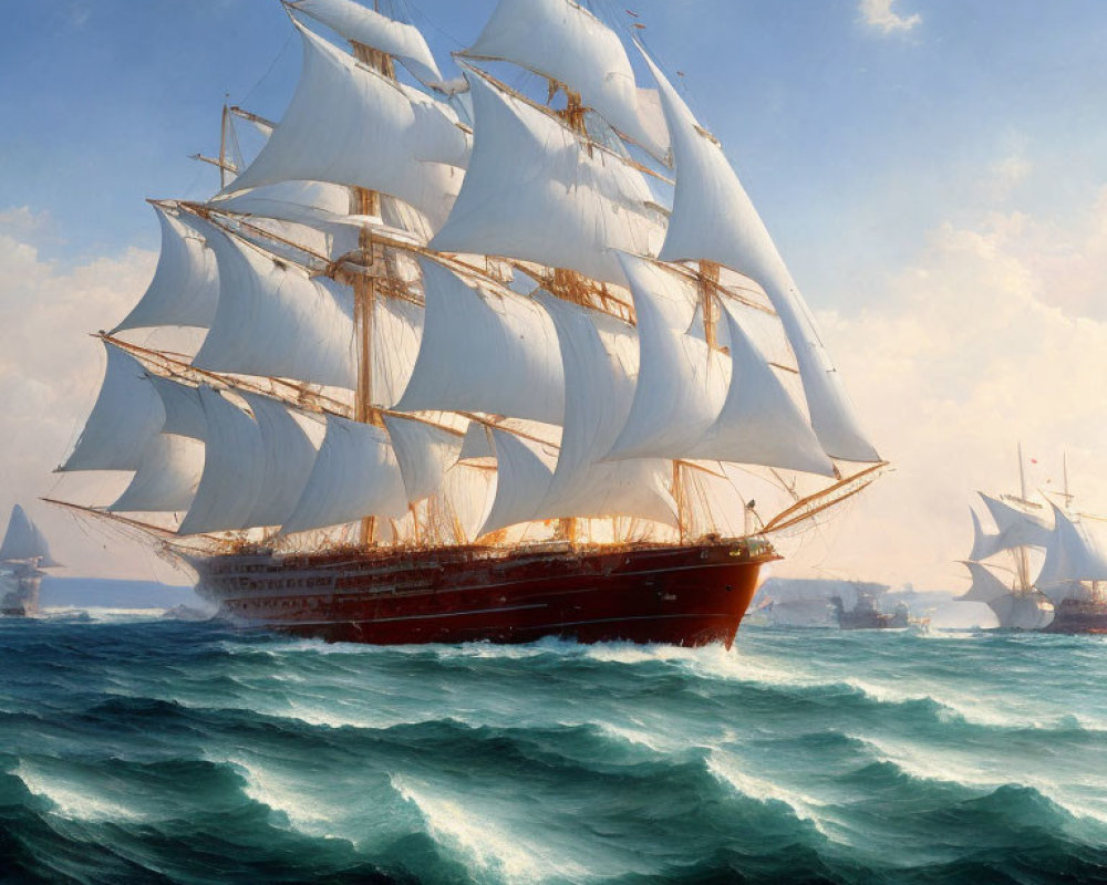 Tall ship with white sails on turbulent ocean waves under cloudy sky