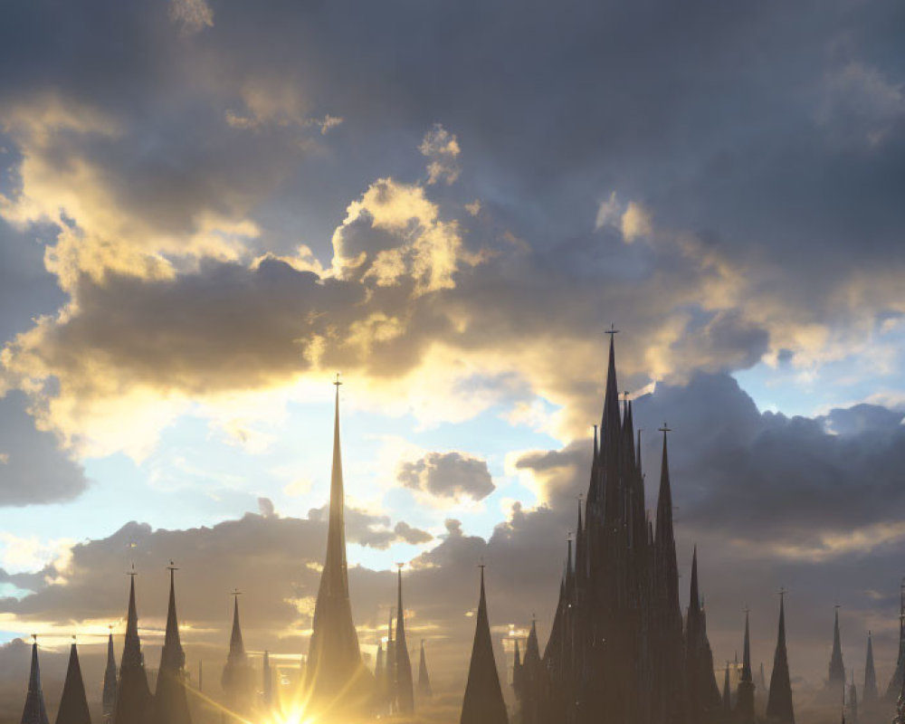 Fantasy landscape with spire-like structures under dramatic sky